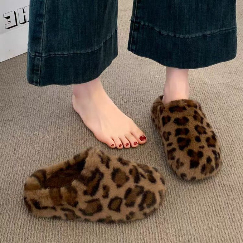 2026 Autumn/Winter Leopard Print Birkenstock Snow Boots Foreign Trade Fur-Lined Closed-Toe Half Slippers with Plush Lining for Warmth