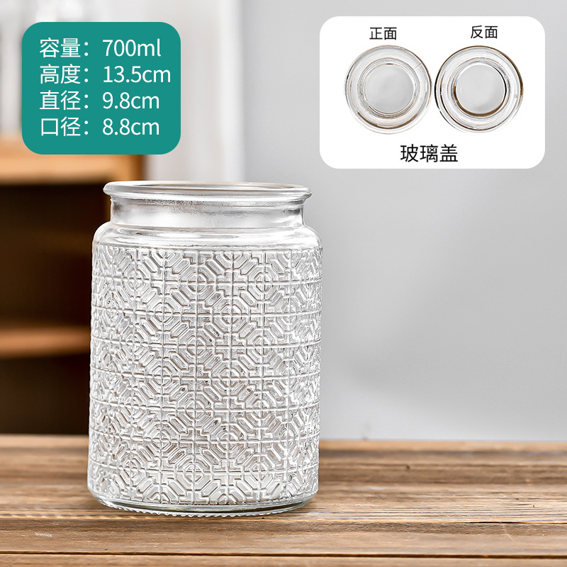 Retro en relieve de vidrio almacenamiento lata de azúcar a prueba de humedad casera frutas secas bocadillos botella de sellado lata de té de vidrio lata de sellado