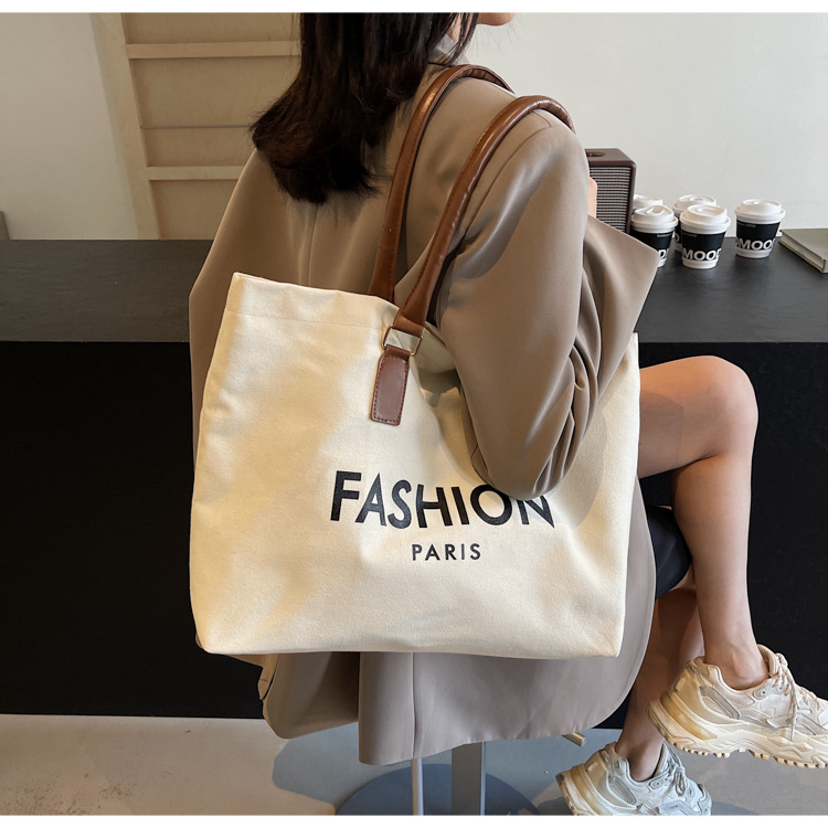 262g Weight Polyester Lining Material Open Closure Type Single Shoulder Strap Strap Type Tote Bag Bags Type Holiday, Daily Occasion Canvas Material Letter Pattern All Seasons Season Women's Gender Classic Style Style Square Shape Large Size Women's Large Canvas Letter Classic Style Square Open Tote Bag 9