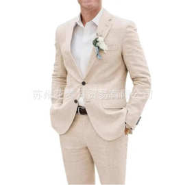 亚马逊爆款外贸新款男士大码西服套装两件套两粒扣亚麻纯色跨境
