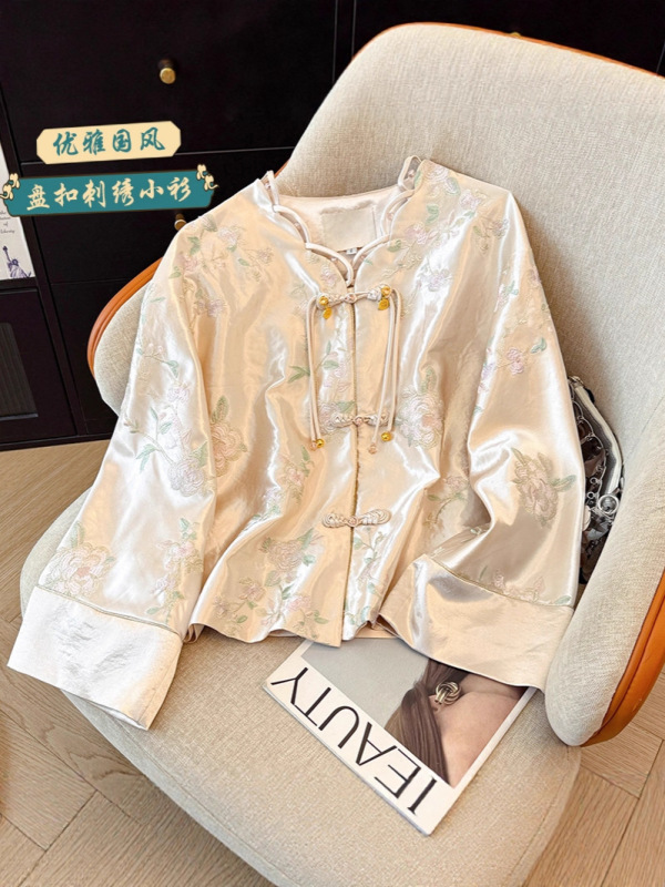 仙鹤梅花中式女春秋时尚上衣圆领刺绣中国风盘扣提花外套复古宽松|undefined
