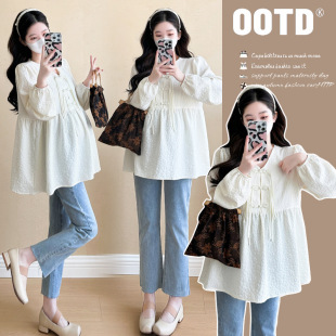 Early Autumn New Pregnant Women's Shirt Doll Shirt Loose plus size Vintage Button Lantern Sleeve V-neck National Style Shirt Top