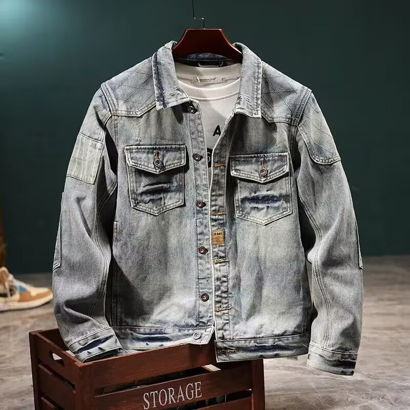 Retro American Style Vintage Washed Patchwork Motorcycle Jacket Denim Turn-Down Collar Hip-Hop Loose Workwear Coat
