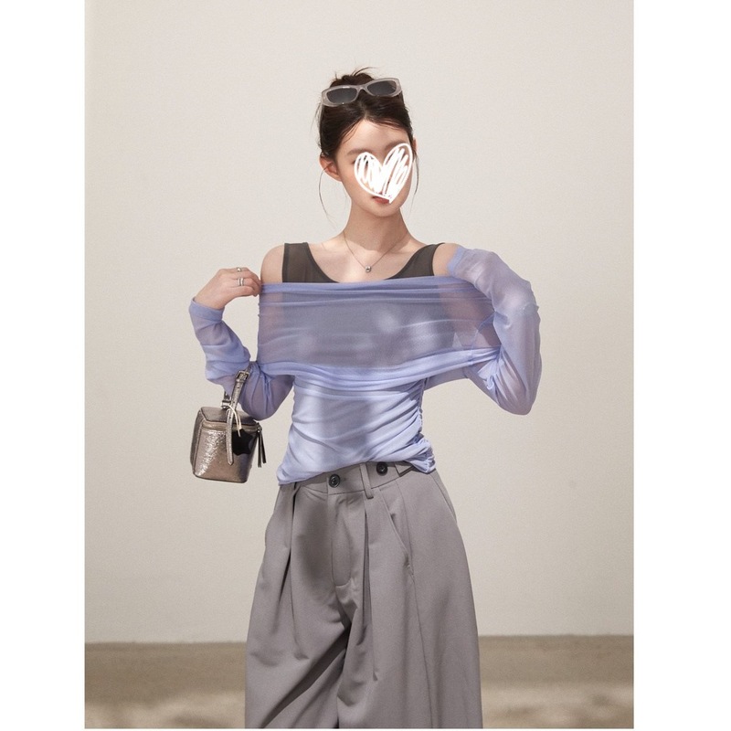 Yi Deng 2025 夏コントラストカラーステッチフェイクツーピースメッシュスリムフィットワンショルダー長袖 Tシャツレディーストップス|undefined