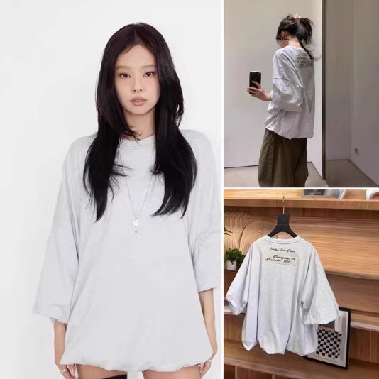 Korean Seoul Jennie-Inspired Loose-Fitting Short-Sleeve T-Shirt with Letter Patch Design