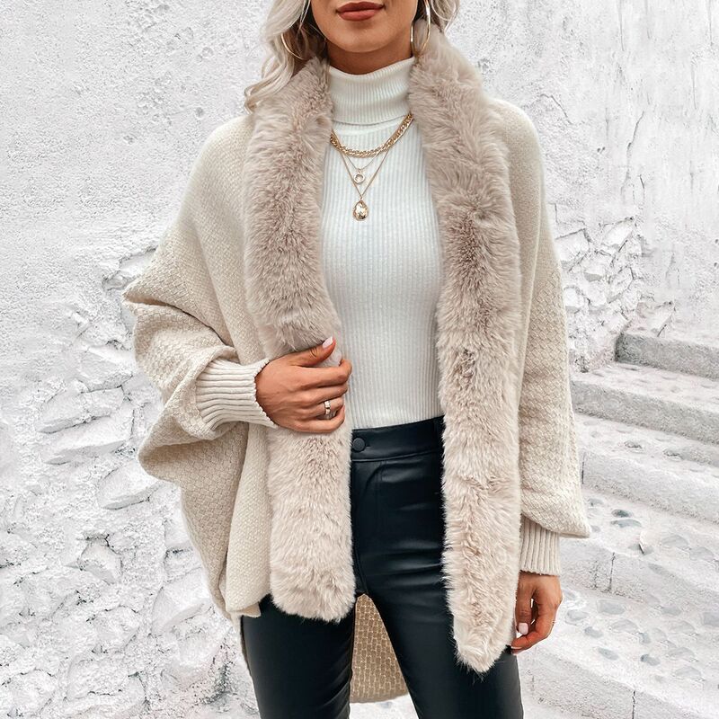 European and American Autumn and Winter New Knitwear 2026 Amazon Cross-Border Cardigan with Fur Collar, Mid-Length Batwing Sleeves, and Tassel Cape