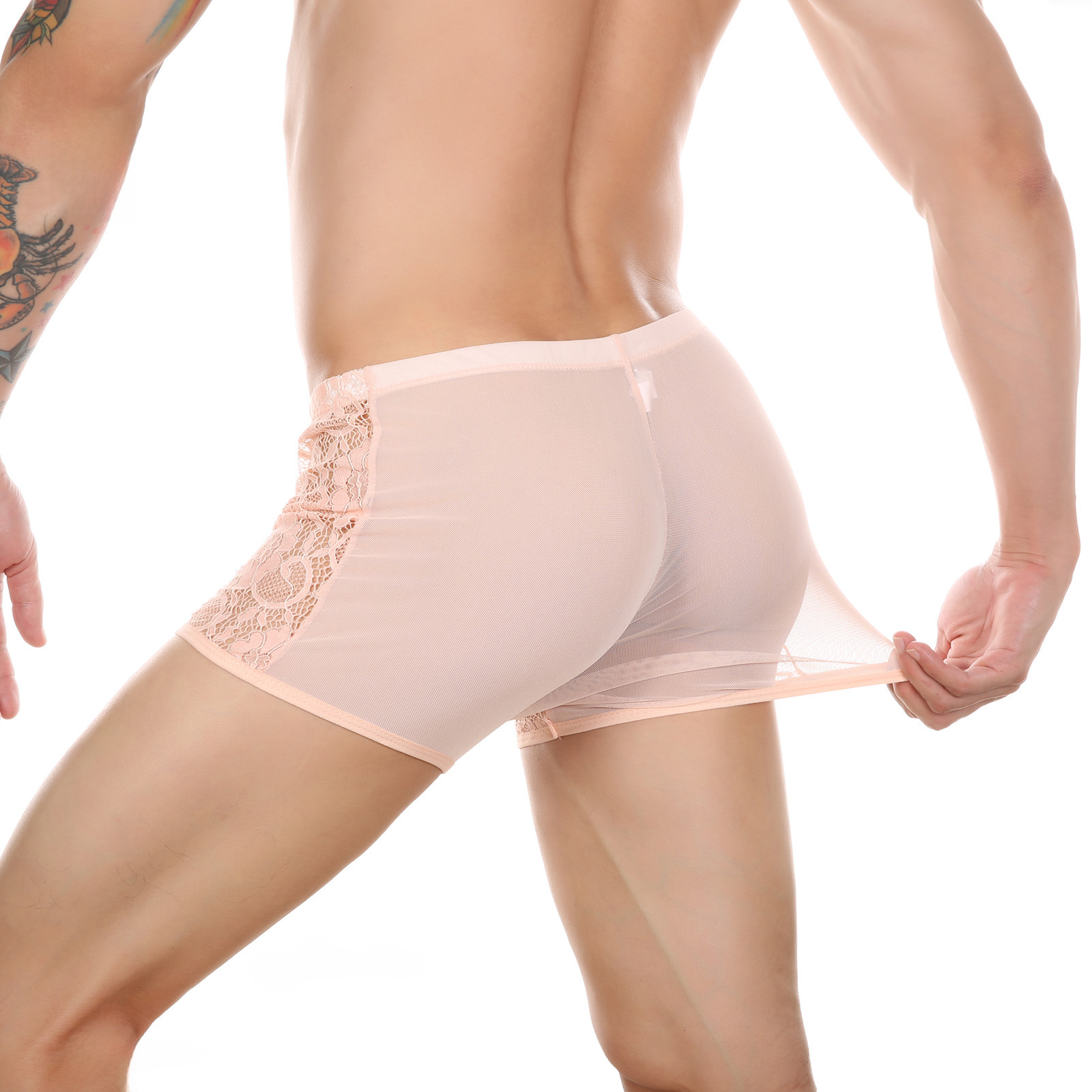 CLEVER-MENMODE Men's Sheer Straight Pants Lace Net Mesh Sexy Large Pouch Underwear European and American