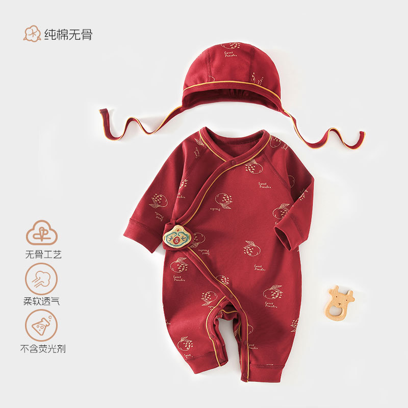 Newborn Baby Jumpsuit, Spring & Fall Baby Full Moon Children's Clothing, Pure Cotton Comfortable Type a Clothes, Red 100-Day Crawling Clothing