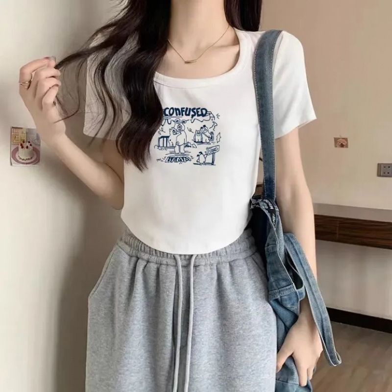 ヨーロッパ糸ラウンドネック半袖Tシャツレディース夏新作鎖骨ユニークでシックなスリムトップ半袖Tシャツイン|undefined