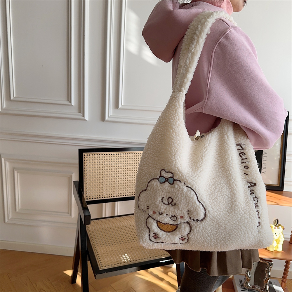 312201 Korean version ins Autumn/Winter Collection, fluffy single-shoulder bag, cute female dog embroidered large capacity tote bag undefined
