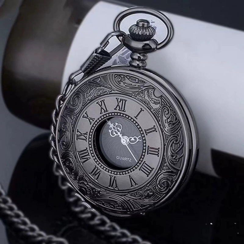 Large Black Classic Roman Double Display Pocket Watch Vintage Necklace Men's and Women's Antique Pocket Watch Tuo Watch