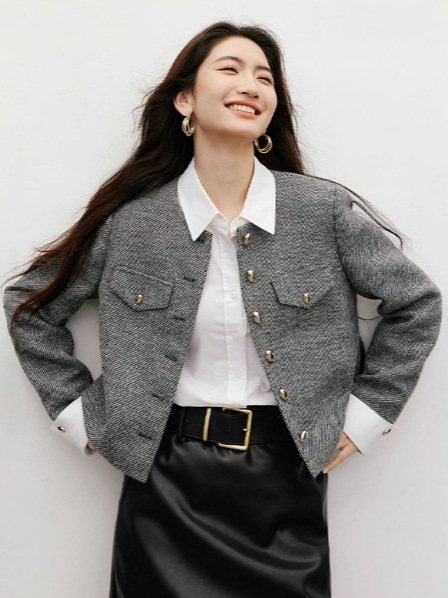 袖家独特漂亮的短外套2025秋季新款女装小香风粗花呢撞色正肩夹克|undefined