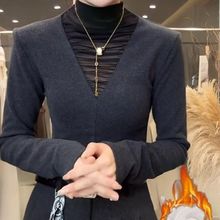 2025秋冬新款半高领加绒网纱拼接打底衫女恤修身显瘦长袖上衣女