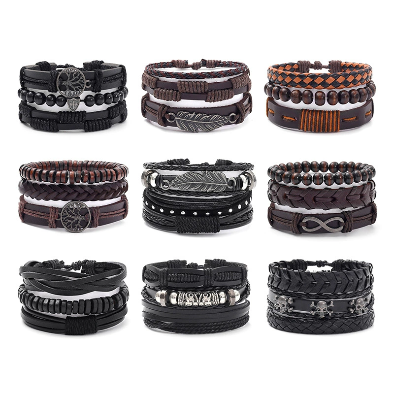 Оптовая продажа мужские DIY ручной работы европейский и американский браслет ювелирные украшения череп браслет мужской и женский универсальный черный кожаный браслет