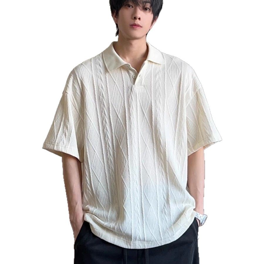 Camisa POLO de manga corta de punto jacquard con patrón de espiga de trigo, hombre, verano suelto y versátil, estilo de dinero viejo, camiseta de hombro de alta gama