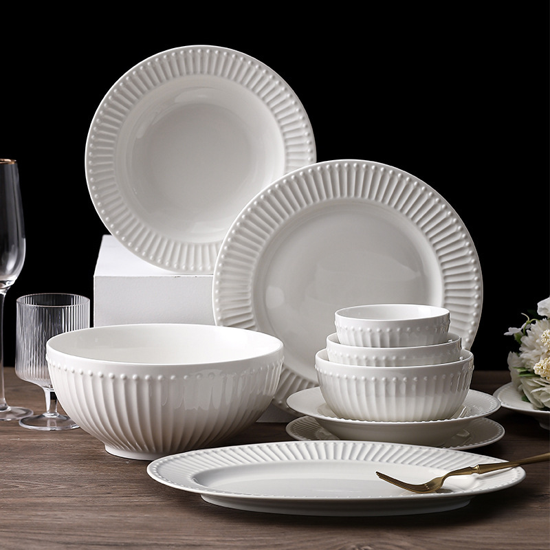 Embossed Ceramic Tableware French Hotel High-End Set Home Accessible Luxury Dish Plate Pure White Plate Dishes and Dishes