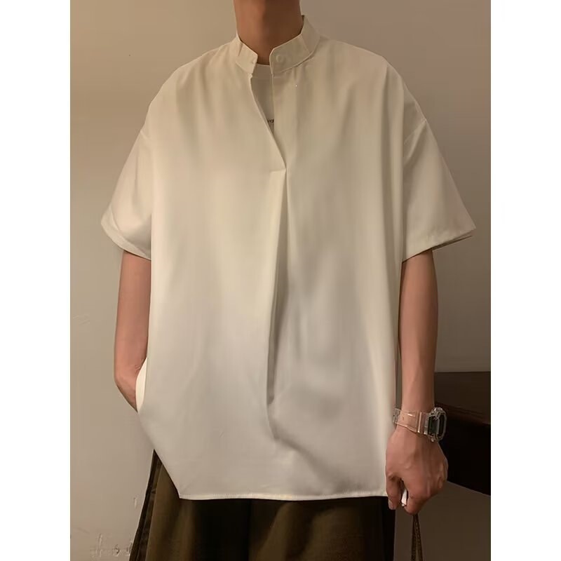 Hong Kong Style Casual Stand-Collar Shirt for Men, High-End Drapey Short-Sleeve Casual Shirt, Half-Sleeve, Five-Quarter Sleeve, Drop-Shoulder T-Shirt Hong Kong Style Casual Stand-Collar Shirt for Men, High-End Drapey Short-Sleeve Casual Shirt, Half-Sleeve, Five-Quarter Sleeve, Drop-Shoulder T-Shirt