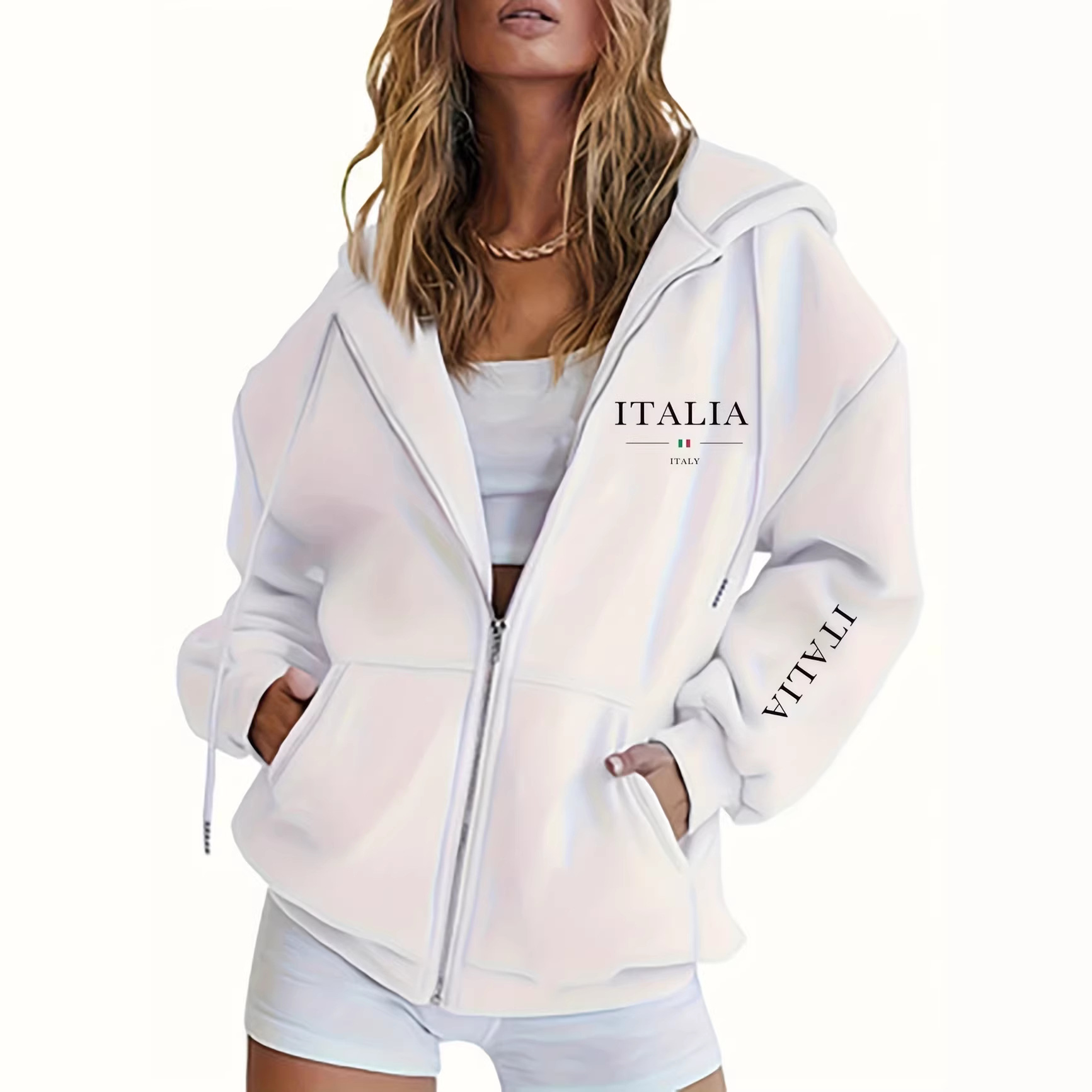 Women's Clothing Casual Long Sleeved Hooded Cardigan Jacket Zip Up Loose Fashion Letter Print Sweatshirt_ecoleips.com