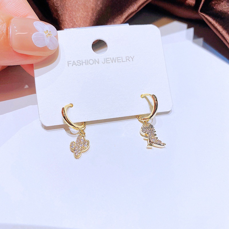 Creative Cute Asymmetric Cactus Dinosaur Zircon Inlaid Ear Clip Jewelry Wholesale