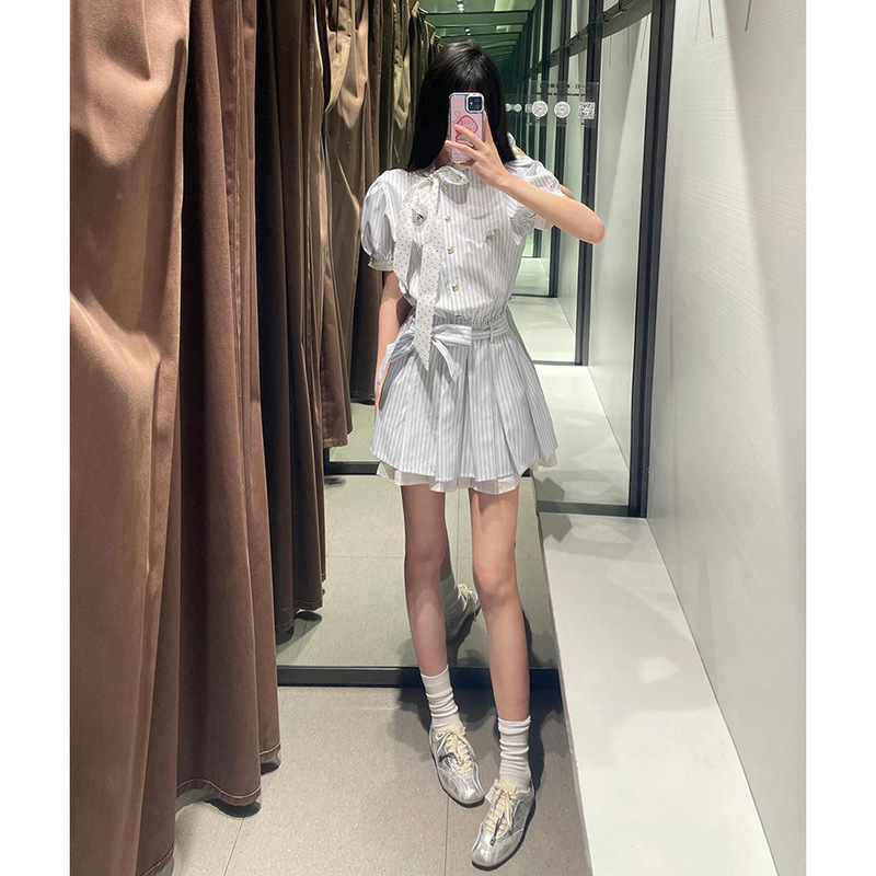 韓国カレッジスタイルストライプシャツパフスリーブドレス女性の夏の新しい気質デザインウエストスカート|undefined
