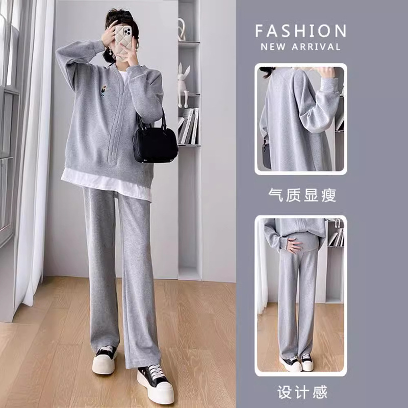 Pregnant women's autumn sweater fashion suit autumn small fashionable fashionable spring and autumn casual two-piece set can be worn outside