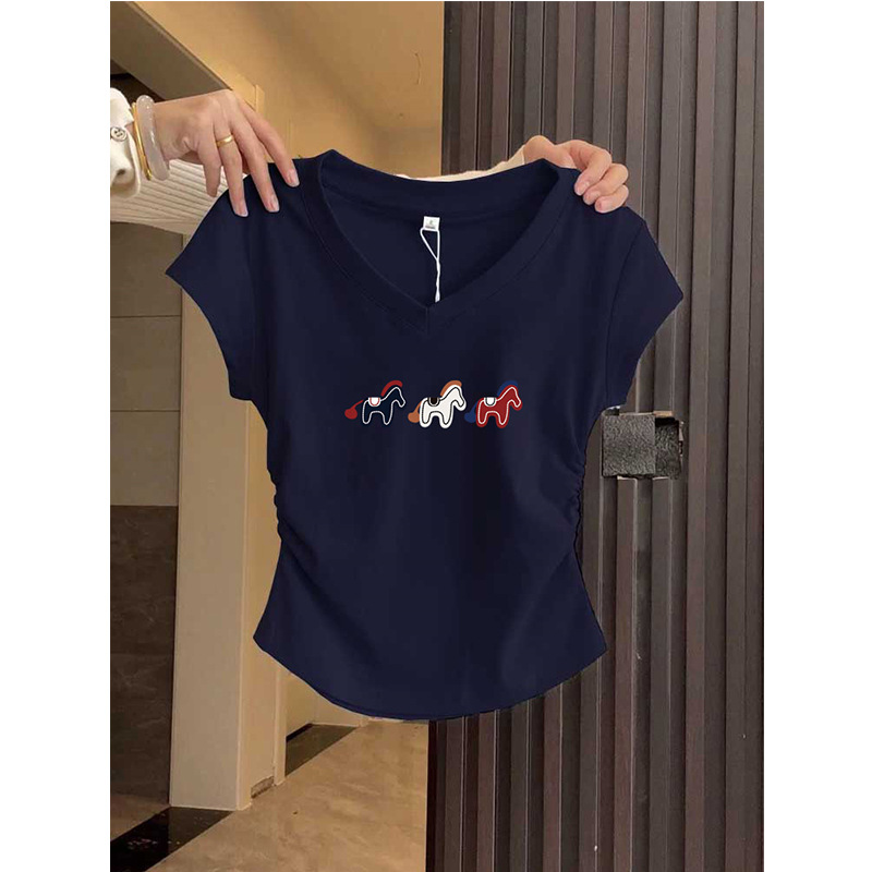 Pure Cotton V-Neck Short-Sleeve Women's T-Shirt, 2026 New Summer Design, Niche Style, Waist-Cinching, Slim-Fit, Navy Blue Top