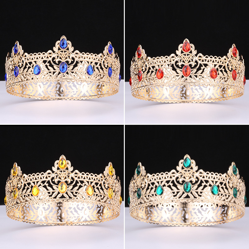 Cross-Border European and American King Dance Party Crown Baroque Round Crown Bride Retro Palace Style Alloy Tiara Cross-Border European and American King Dance Party Crown Baroque Round Crown Bride Retro Palace Style Alloy Tiara