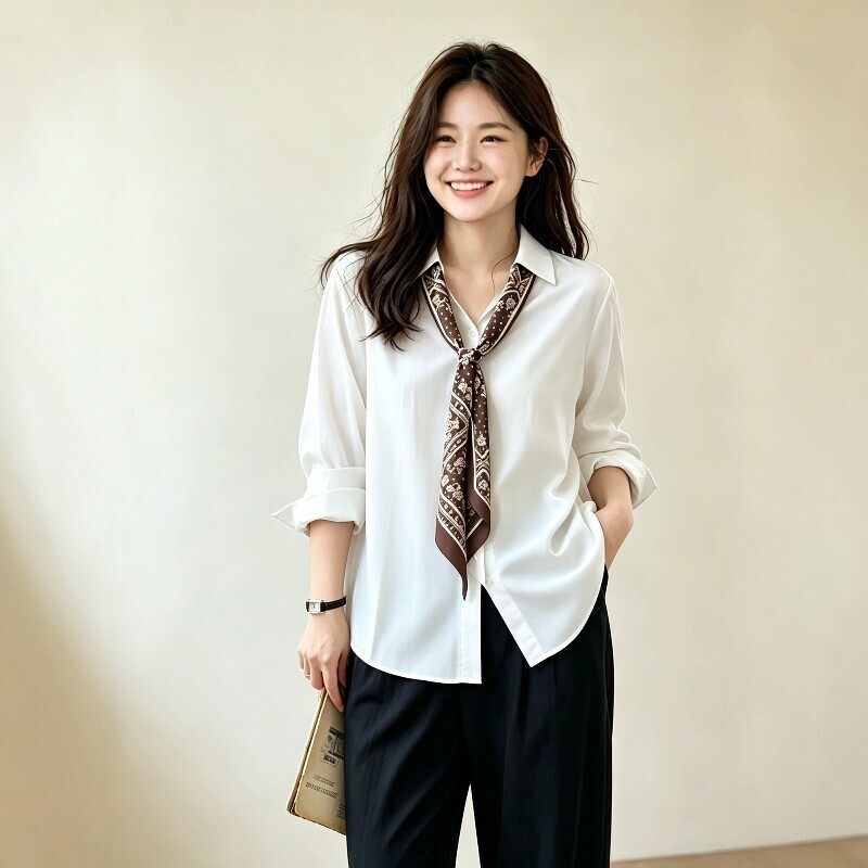 Plus-size women's top, new autumn style, linen blend, thin long-sleeve shirt, tummy-concealing, slimming, with ribbon 3735
