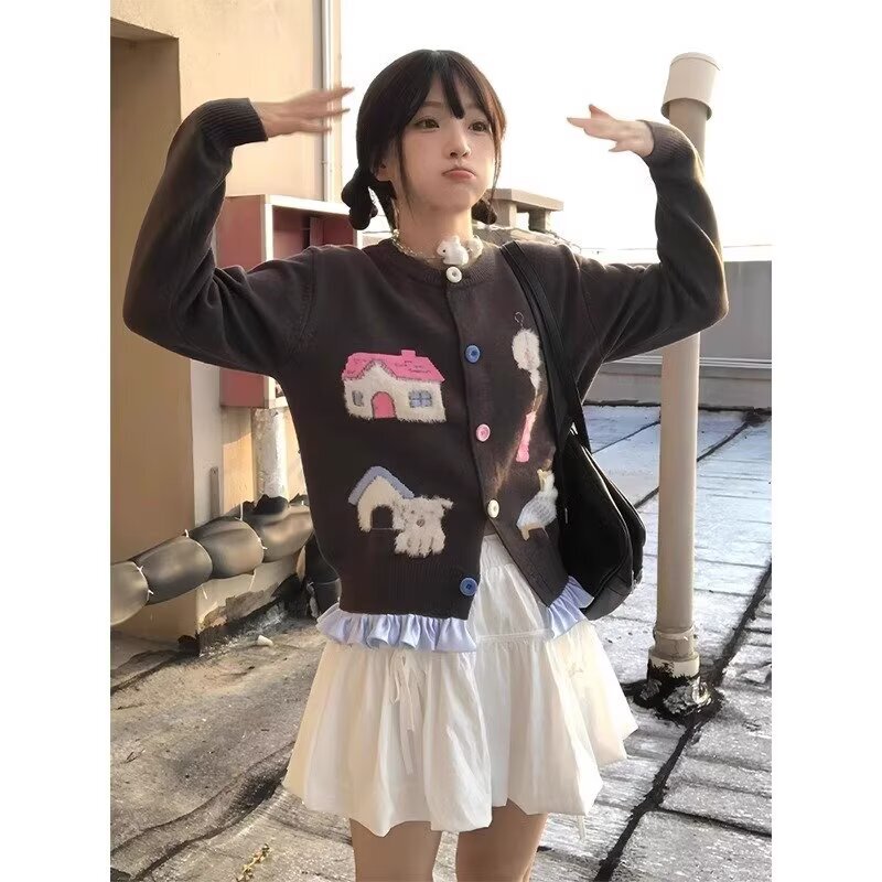 American Retro Knitted Cardigan for Women, Spring Jacquard Color-Blocking Lazy Soft Sweater, College Style Short Jacket