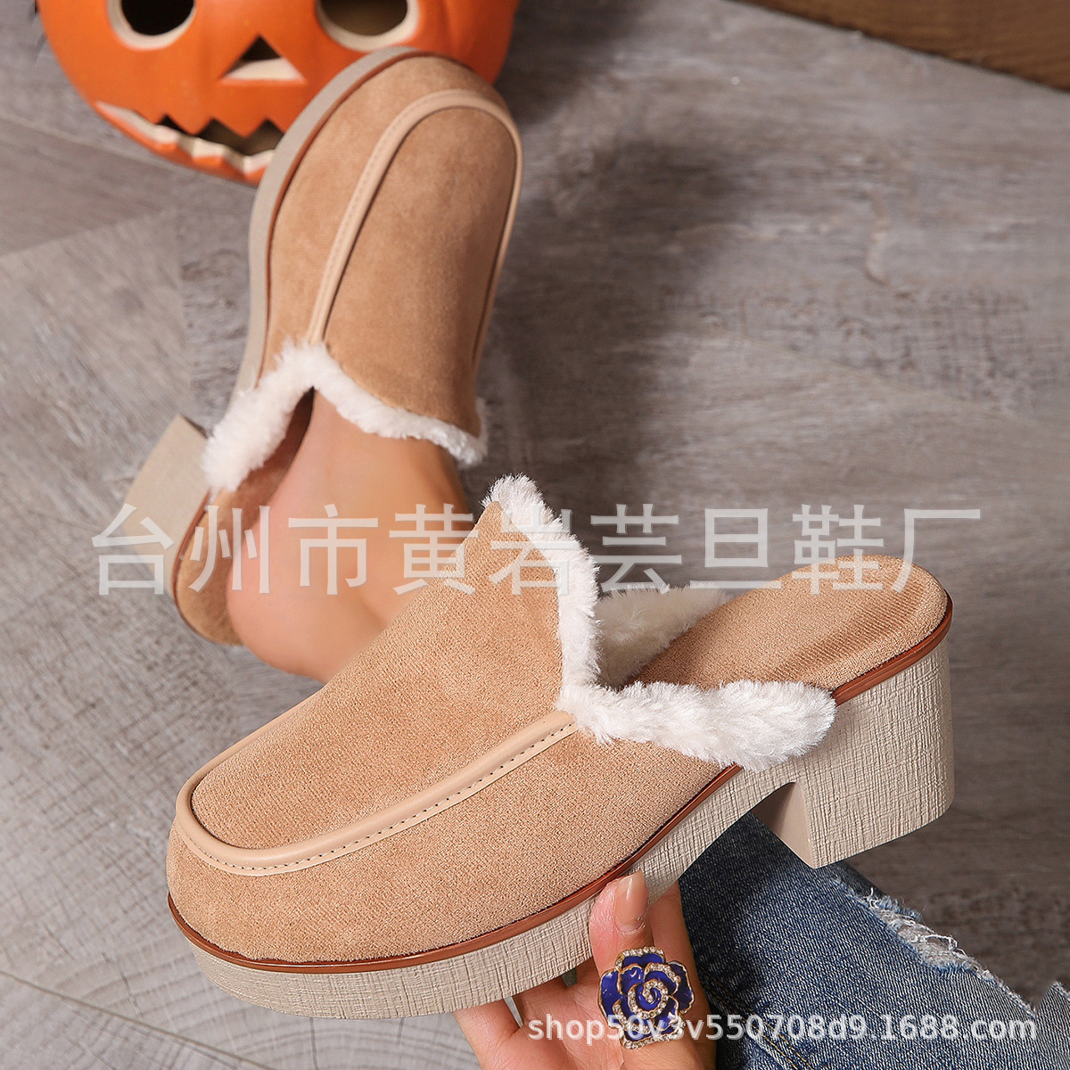 新款加绒加厚穆勒鞋厚底方头高跟绒面时尚马克线包头半拖单鞋女