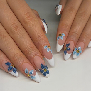 French-Style Non-Drip Glue Retro Blue Flower Sweet Nail Art Press-On Nails Fake Nails Finished Press-On Nails Batch