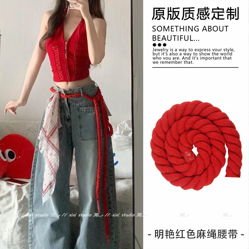American-Style Red Braided Rope Belt for Jeans, Niche Hemp Rope Waist Chain, New Waist Rope Design, Trendy Accessory for Hot Girls
