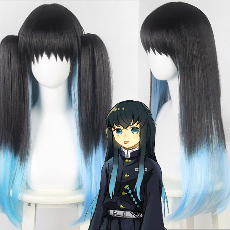 Peluca de anime Ghost Blade transparente no yilang Cosplay peluca negro degradado azul doble capa recta Peluca de pelo