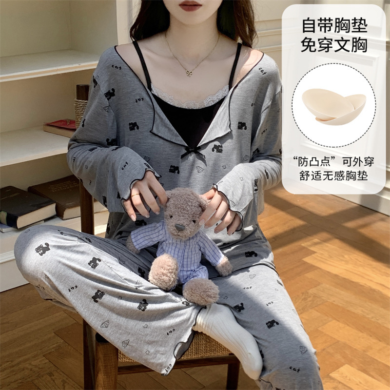 Pajamas with Breast Pads, Spring and Autum Cute and Sweet Spaghetti Straps, Long-Sleeved Home Clothes, Women's Modal Wearable Suits