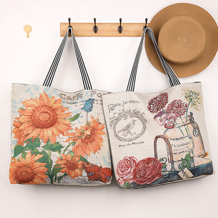 新款女帆布手提单肩大包织锈大容量妈咪购物袋时尚百搭短途旅行包