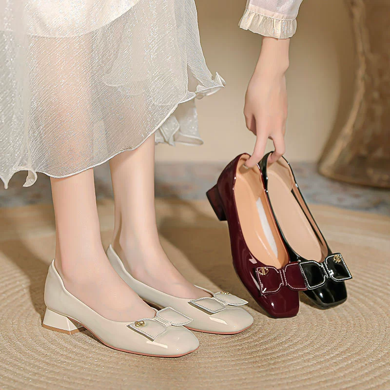Французские туфли-лодочки на низком каблуке, новинка 2025 года, весенне-осенние женские туфли с бантом, красные, с квадратным носком, на массивном каблуке, на высоком каблуке