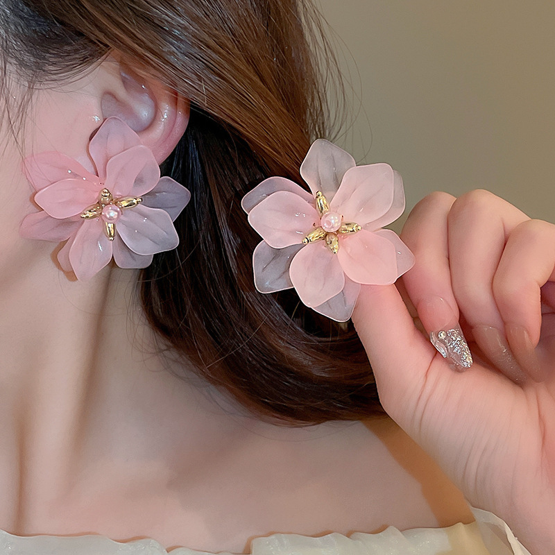 Pendientes de borla de cristal de hilo de malla de pétalo de aguja de plata Pendientes de estilo de vacaciones de playa dulce rosa Pendientes de moda de temperamento Mujer