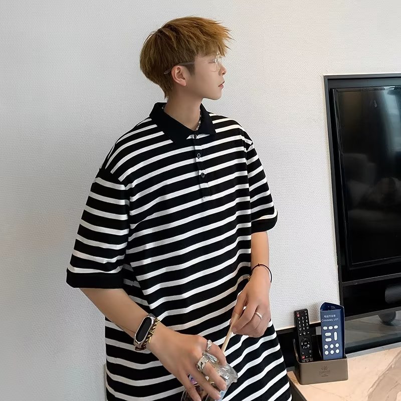 Polo casual de solapa para hombre Camiseta de manga corta Camiseta de fondo de ropa de clase para jóvenes de hombre a rayas