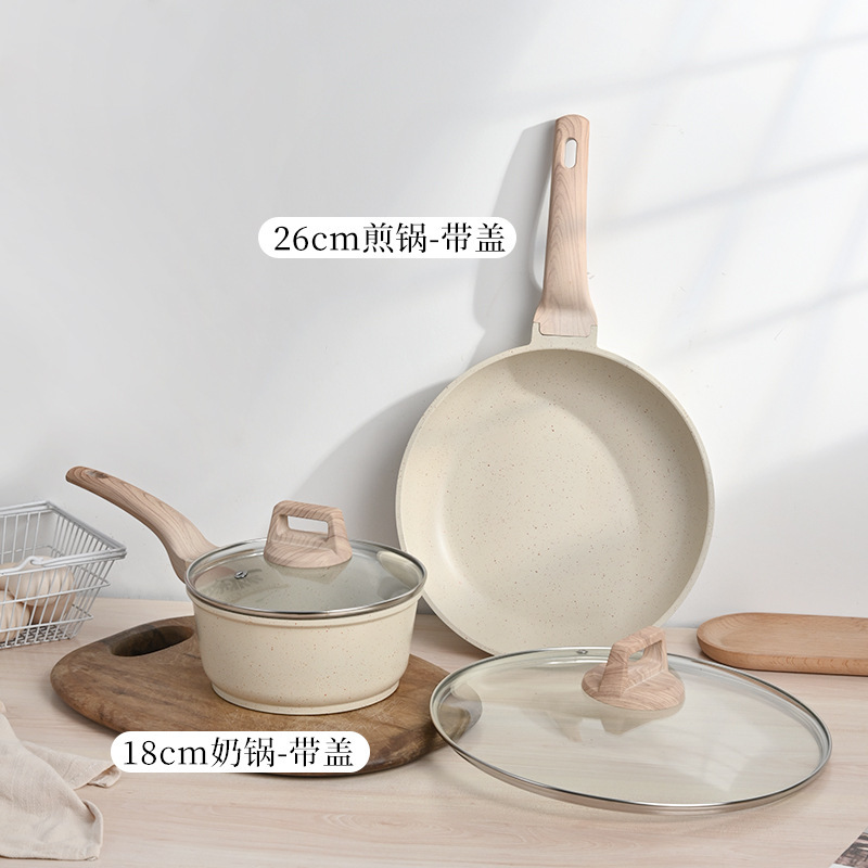 Juego de utensilios de cocina transfronterizo, juego doméstico de cuatro piezas, juego de utensilios de cocina de piedra de mármol, alto valor estético, integrado para cocinar al vapor y saltear, sartén antiadherente al por mayor