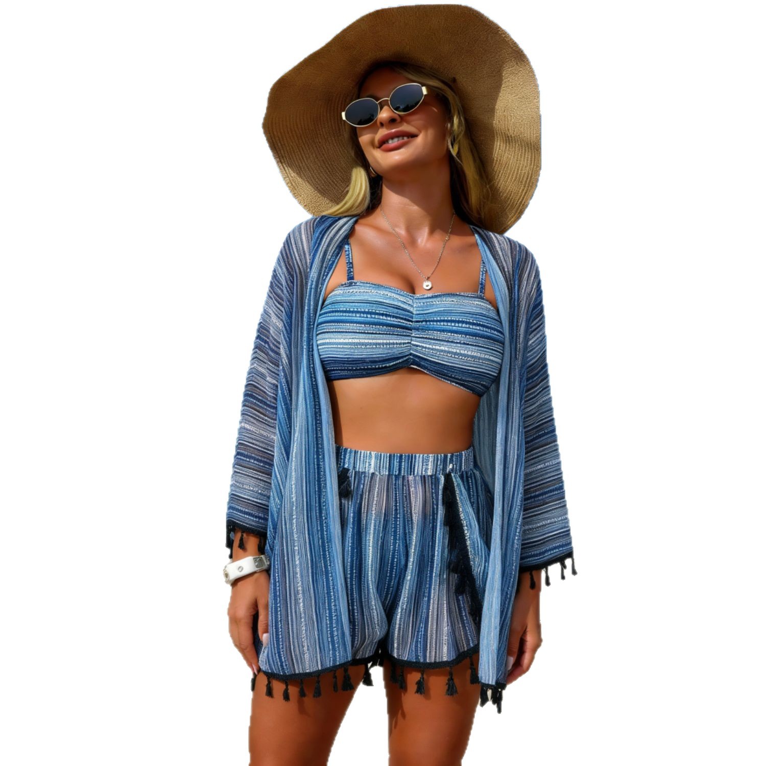 4-teiliges Strand- und Badebekleidungsset für Damen: Fließender Fransenkimono mit UPF 50 Sonnenschutz, Bikini für Pool und Resort_voghion.com