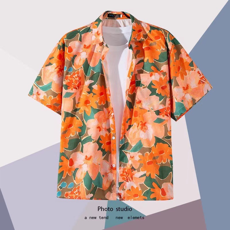 Summer Beach floral hombres y mujeres camisa delgada ins moda hawaiana transfronteriza suelta tie-dyed manga corta pareja camisa