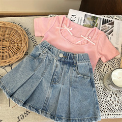 Korean children's clothing 2024 new summer girl butterfly knot short-sleeve T-shirt and denim pleated skirt two-piece set