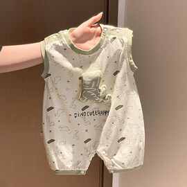 婴儿夏季连体衣男宝宝卡通恐龙哈衣新生儿夏天无袖薄款背心外出服