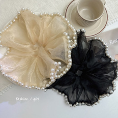 Korean Version Transparent Pearl Net Crepe Fabric Large Bow Hair Tie French Fairy Girl Lace Headband Hair Accessory for Women