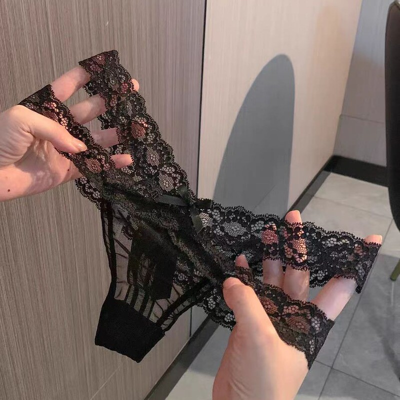 Sexy Hollow-Out Lace Thong for Women, Low-Waist Slightly See-Through Mesh Bowknot Triangle Panties, Pure Desire Style