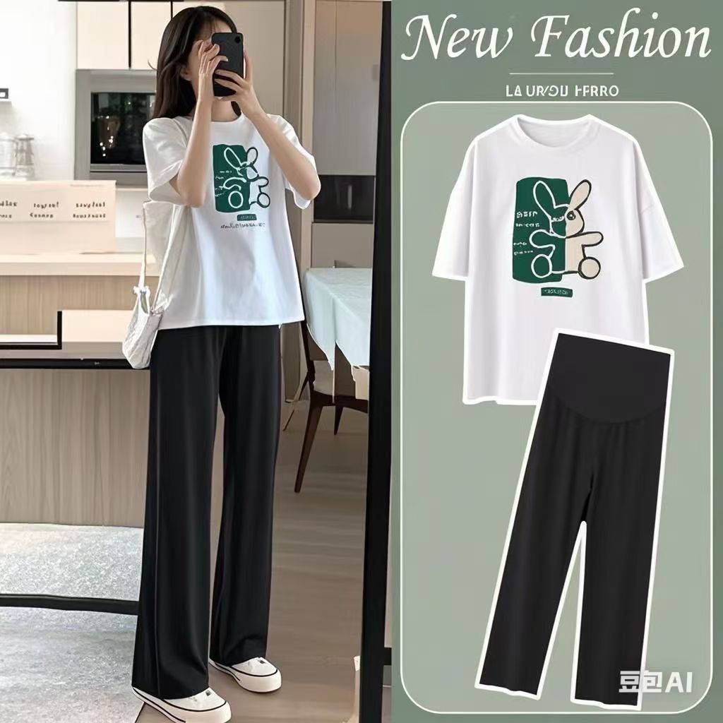 Maternity Wear Summer New Fashion Short-Sleeved T-Shirt Slimming Look Belly-Covering Top Ice Silk Wide-Leg Pants Age-Reducing Maternity Suit