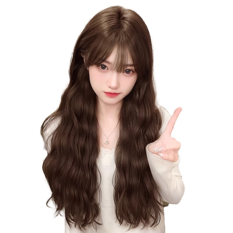 Peruca de cabello femenino estilo de cabello largo, cabello rizado, atmósfera perezosa, huevo francés, peludo de cabello de cabello, frisa, cubierta de cabeza natural