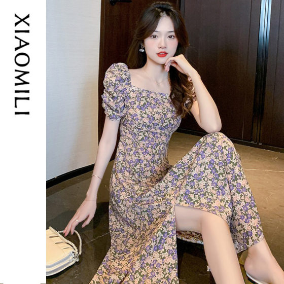 Improved, please look at the real French square collar bubble sleeve floral dress female summer temperament socialite before placing an order