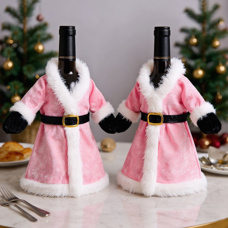 クロスボーダークリスマス装飾用品ピンクドレスワインボトルカバーゴールドベルベット赤ワインカバー家庭用食卓装飾|undefined