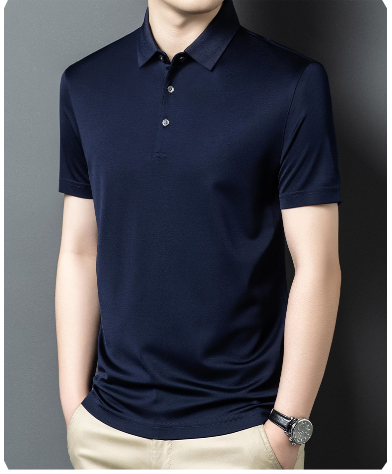 Áo polo nam tay ngắn lụa tơ tằm cổ bẻ mỏng nhẹ — Màu xanh dương JS1601077 chi tiết 17